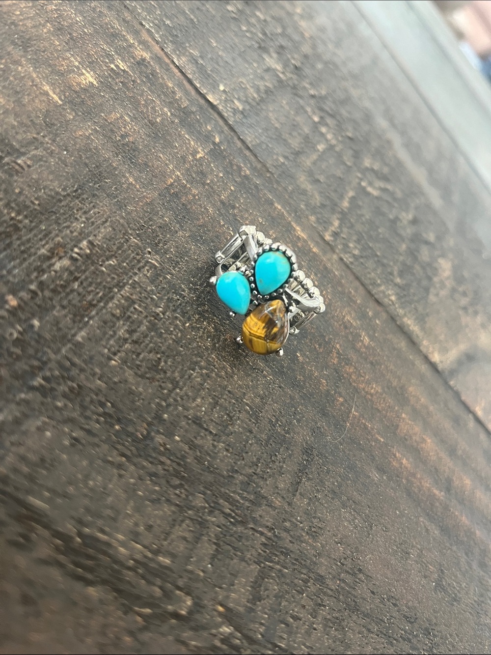 Turquoise & Amber Teardrop Ring in Silver Tone